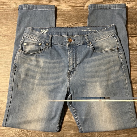 Mugsy Piers Straight Leg Light Wash Blue Jeans 4 Way Stretch, Size 34x32 (34x31) - Picture 4 of 16